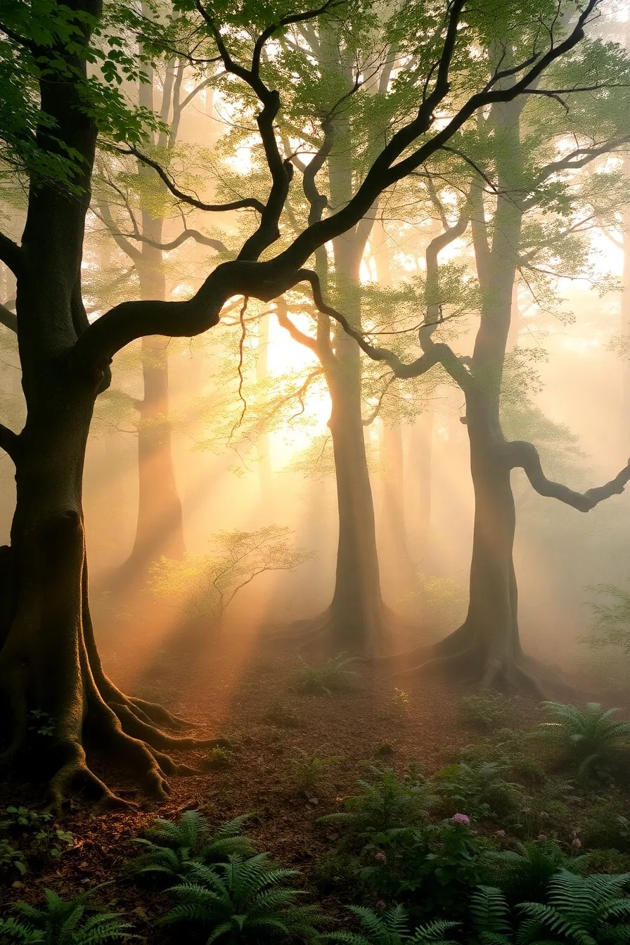 Tranquil Misty Forest Background