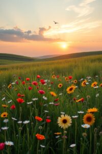 A Tranquil Morning in Blossoming Meadows – free AI stock image