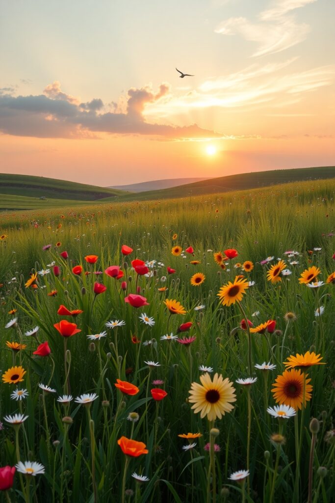 A Tranquil Morning in Blossoming Meadows – free AI stock image