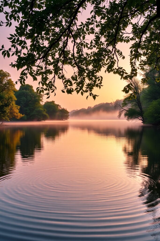 Tranquil Morning by the Serene Lake – free AI stock image