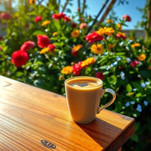 Tranquil Morning Coffee by the Garden – free AI stock image