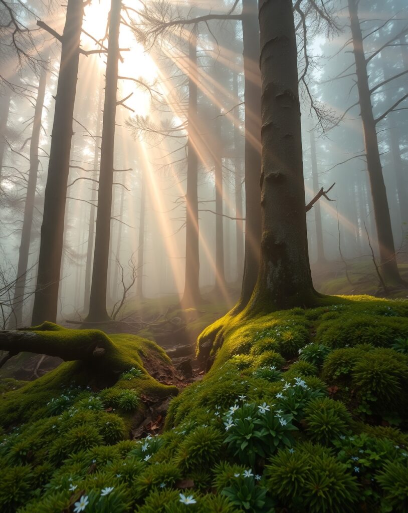 Tranquil Morning in a Misty Forest – free AI stock image