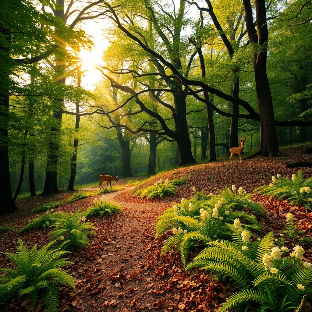 Tranquil Morning in a Sunlit Forest – free AI stock image