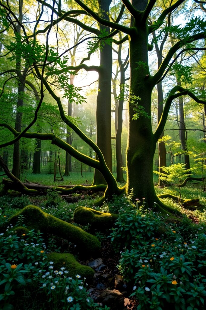 Tranquil Morning in a Verdant Forest – free AI stock image