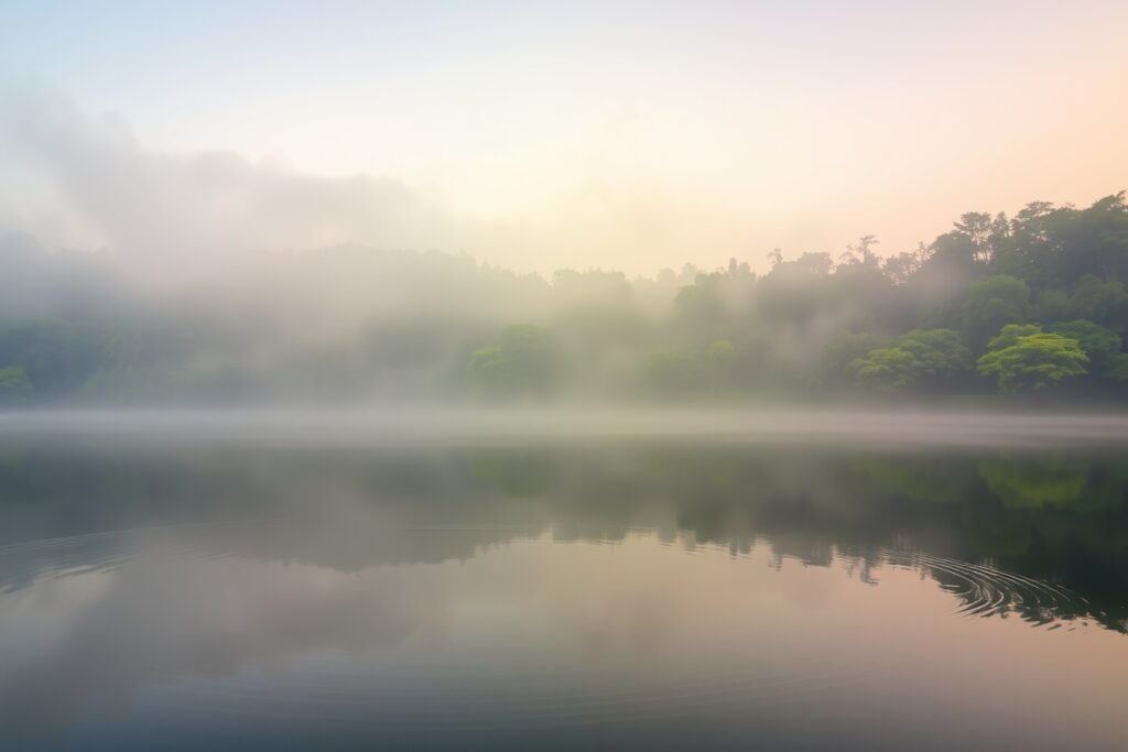 Tranquil Morning Lake with Misty Reflections – free AI stock image