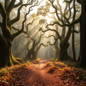Tranquil Morning Light in the Forest – free AI stock image