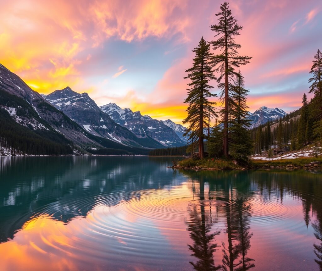 Tranquil Mountain Lake at Sunset – free AI stock image