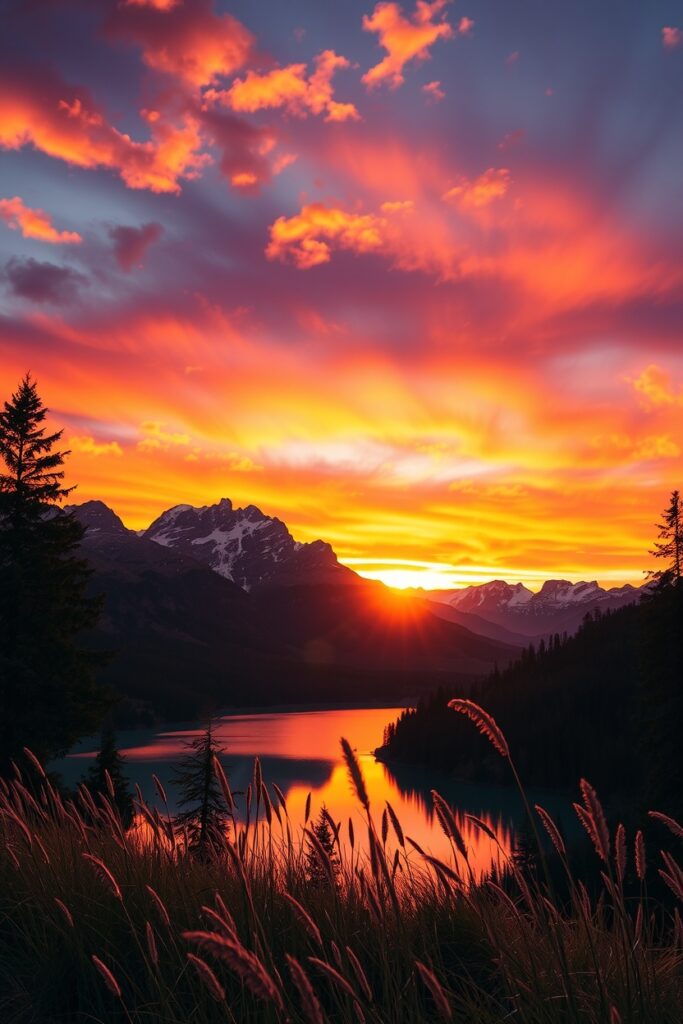 Tranquil Mountain Landscape at Sunset – free AI stock image