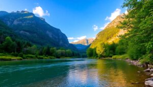 Tranquil Mountains and River Scene – free AI stock image