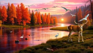 Tranquil River at Sunset – free AI stock image