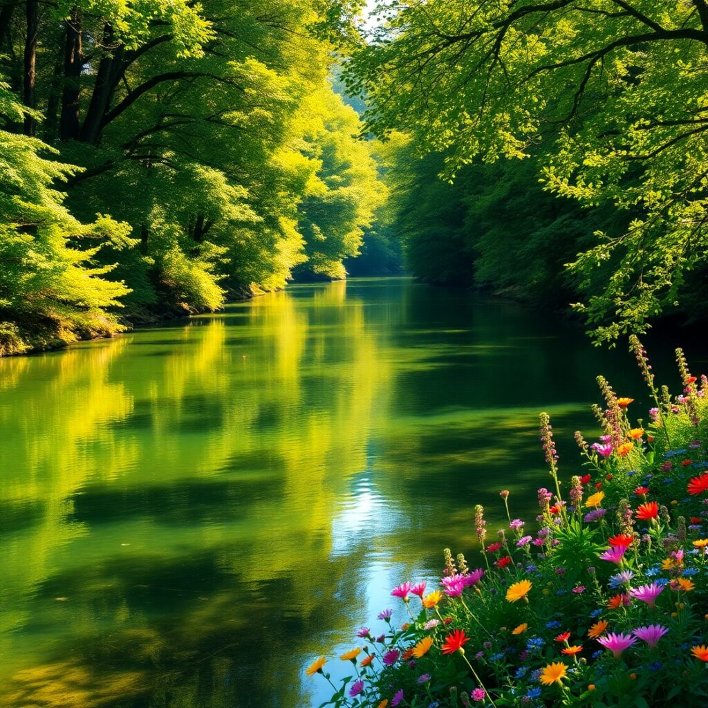 Tranquil River Flowing Through Lush Forest – free AI stock image