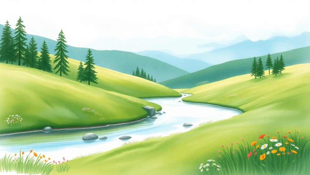 Tranquil River Through Green Hills – free AI stock image