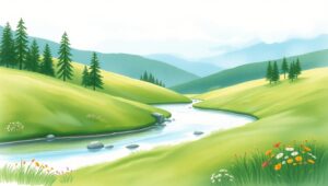 Tranquil River Through Green Hills – free AI stock image