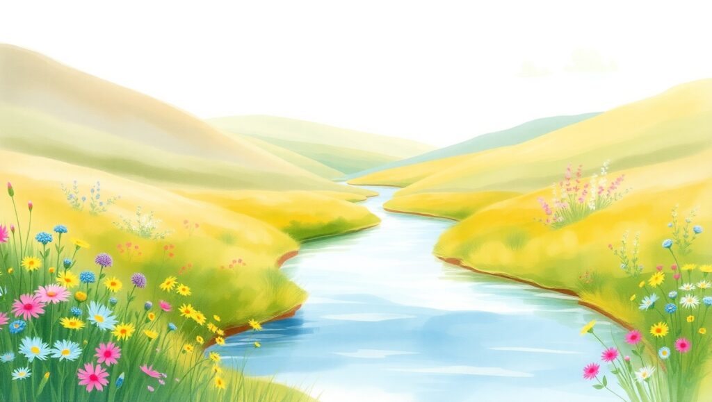 Tranquil Riverbank in Watercolor – free AI stock image