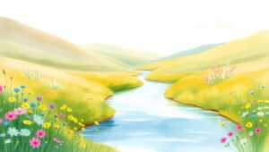 Tranquil Riverbank in Watercolor – free AI stock image