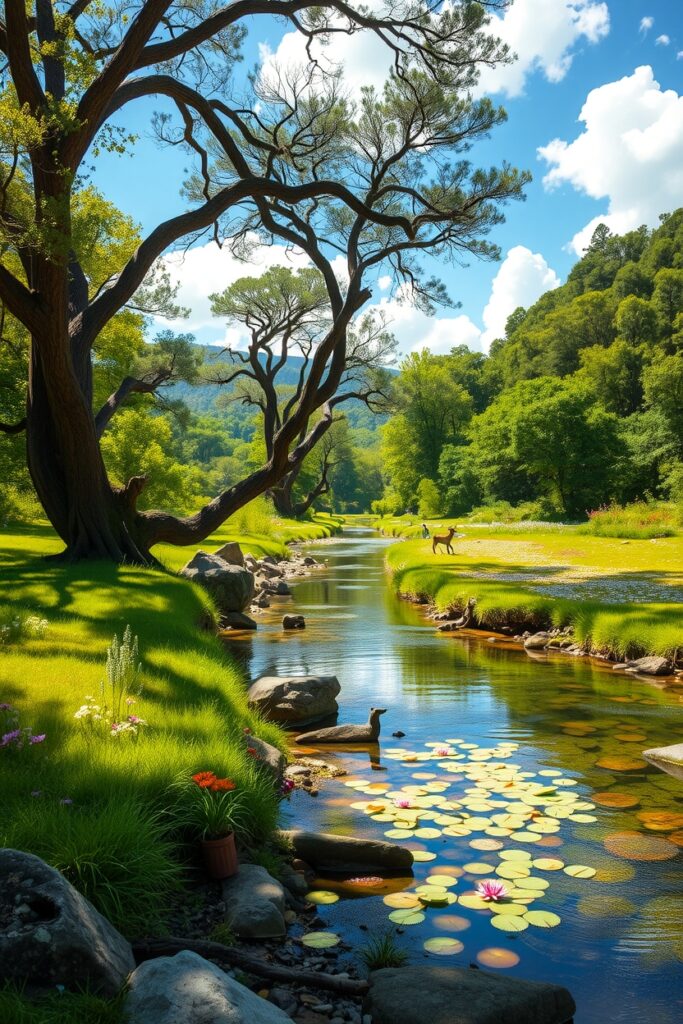 Tranquil Riverbank Under a Canopy of Trees – free AI stock image