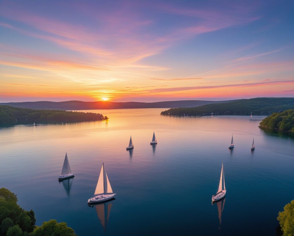 Tranquil Summer Evening on Calm Waters – free AI stock image