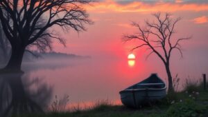 Tranquil Sunrise at the Lake – free AI stock image