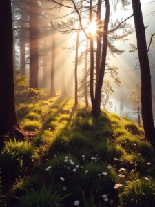 Tranquil Sunrise Over a Foggy Forest – free AI stock image