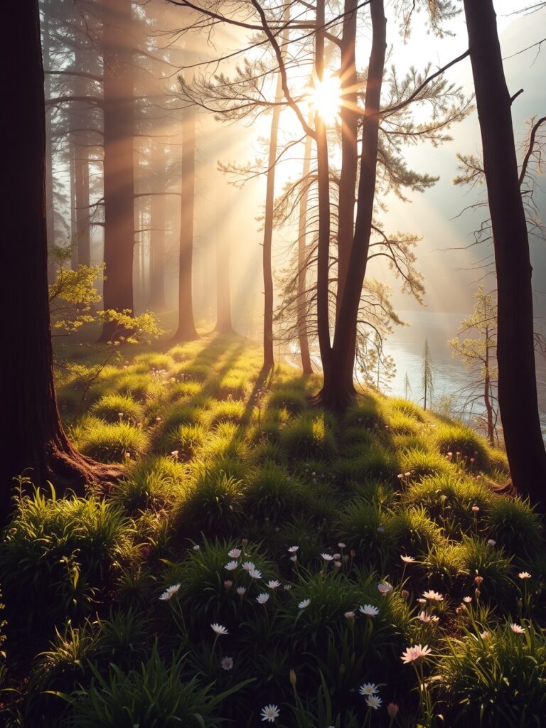 Tranquil Sunrise Over a Foggy Forest – free AI stock image