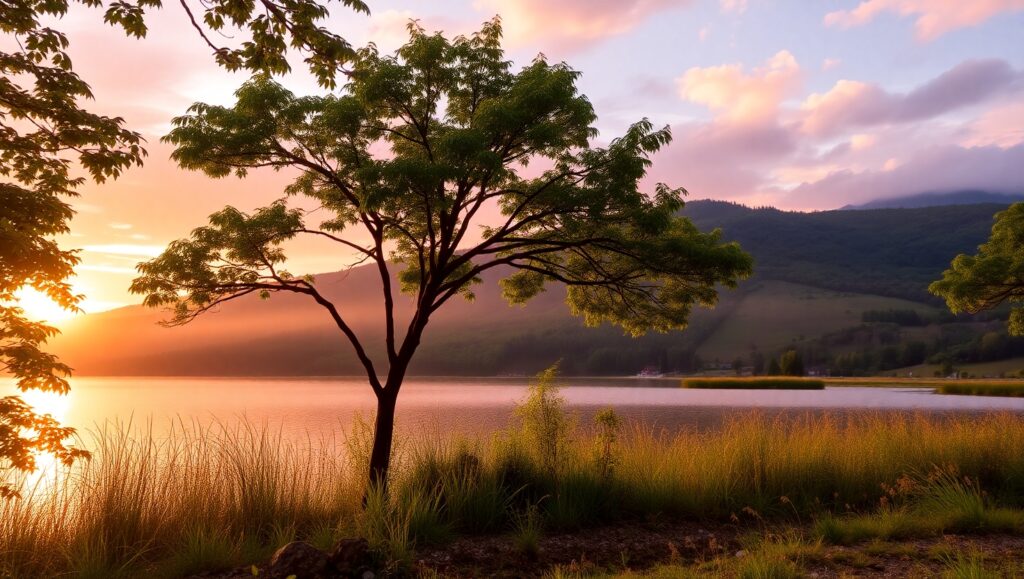 Tranquil Sunrise Over a Lake – free AI stock image