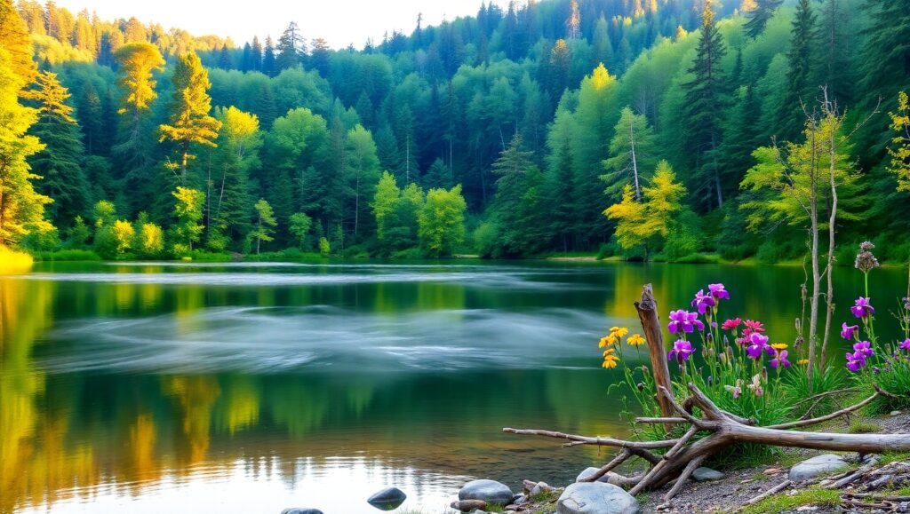 Tranquil Sunrise Over Misty Lake – free AI stock image