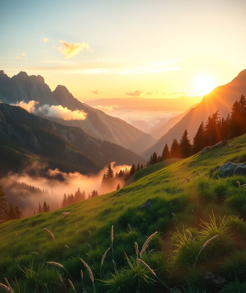 Tranquil Sunrise Over Misty Mountains – free AI stock image