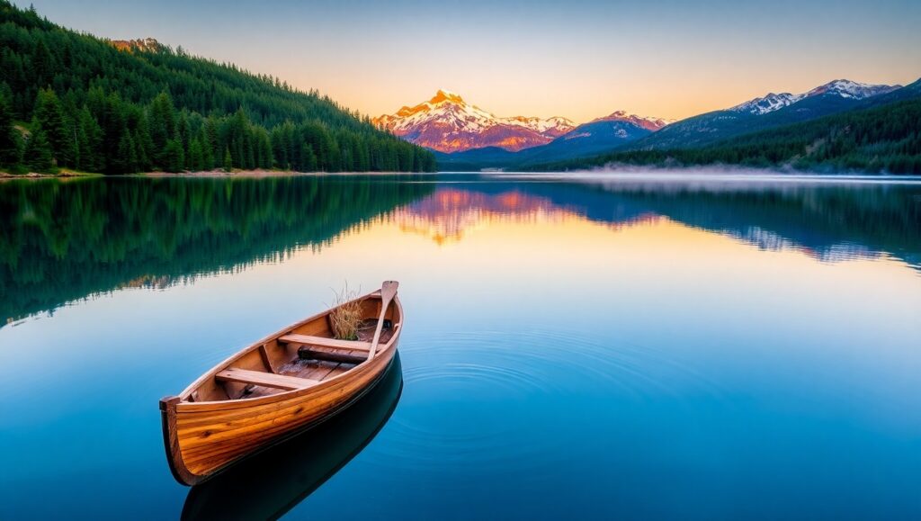 Tranquil Sunrise Over Mountain Lake – free AI stock image