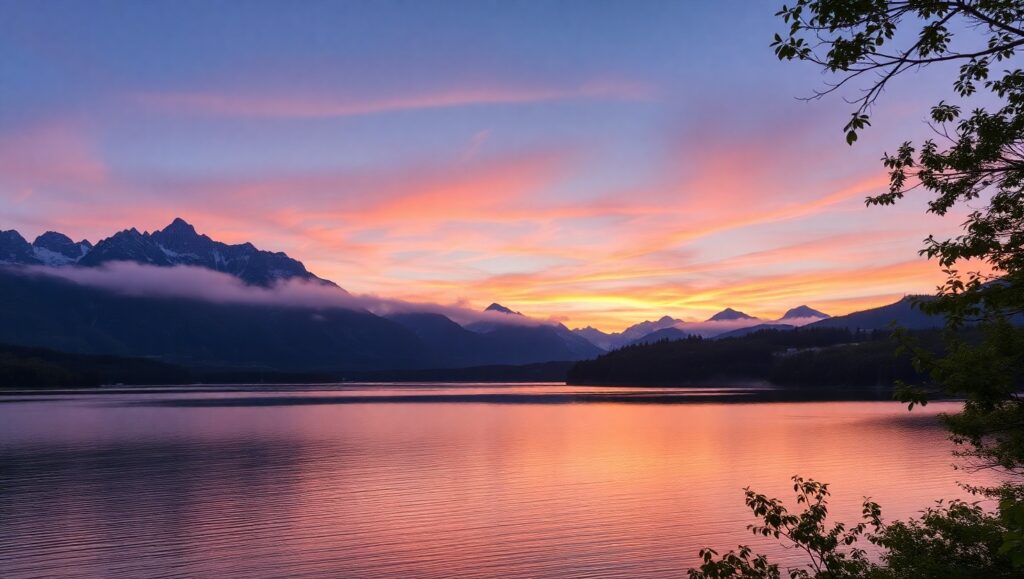 Tranquil Sunrise Over Mountain Lake – free AI stock image