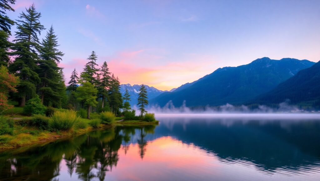 Tranquil Sunrise over Mountain Lake Og4 – free AI stock image