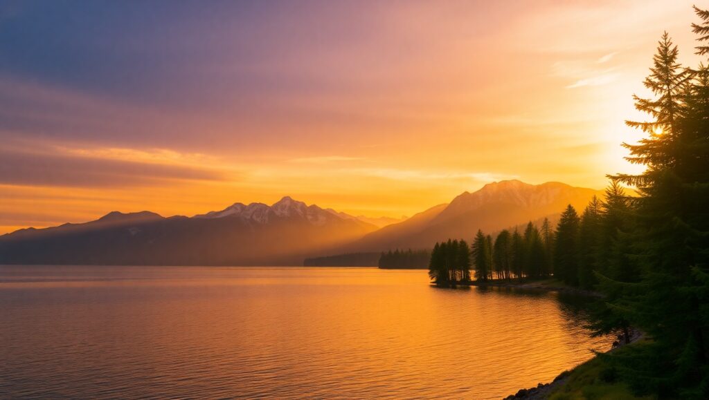 Tranquil Sunrise Over Mountain Lake x75 – free AI stock image