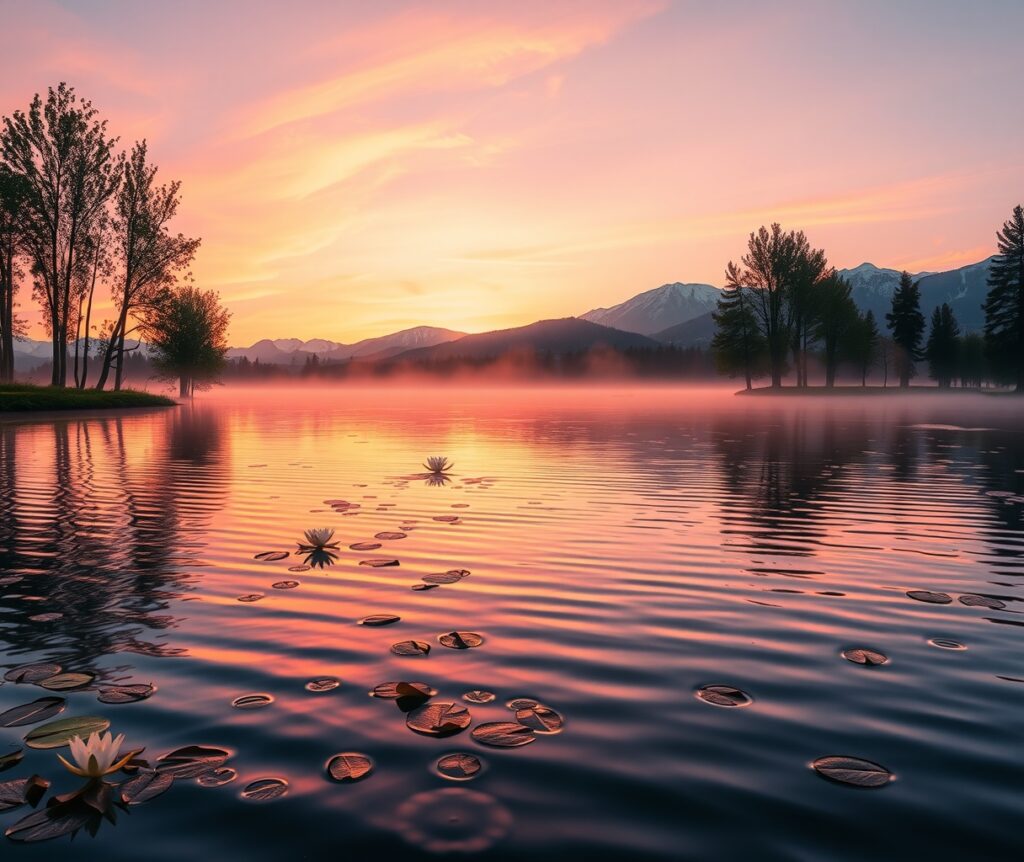 Tranquil Sunrise Over Serene Lake – free AI stock image
