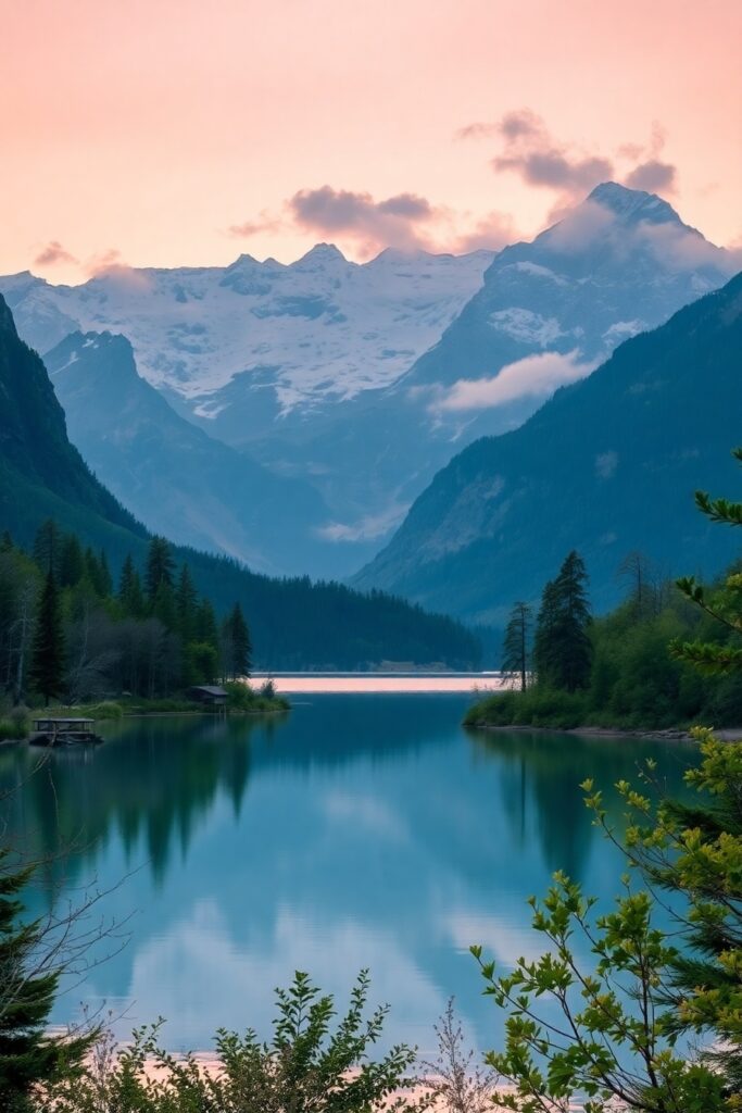 Tranquil Sunrise Over Serene Mountain Lake – free AI stock image