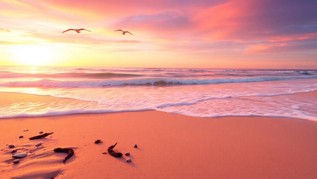 Tranquil Sunset Beach Scene – free AI stock image