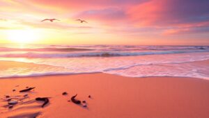 Tranquil Sunset Beach Scene – free AI stock image