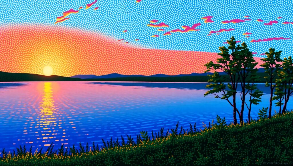 Tranquil Sunset in Pointillism Style – free AI stock image
