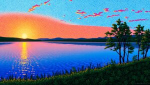 Tranquil Sunset in Pointillism Style – free AI stock image