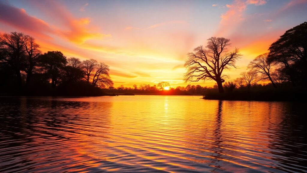 Tranquil Sunset Over a Sacred Lake – free AI stock image