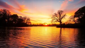 Tranquil Sunset Over a Sacred Lake – free AI stock image
