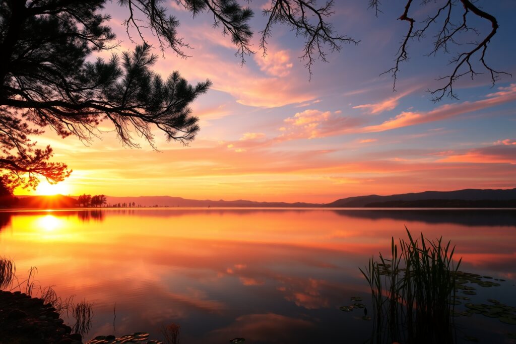 Tranquil Sunset Over a Serene Lake – free AI stock image