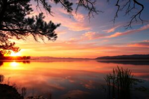 Tranquil Sunset Over a Serene Lake – free AI stock image