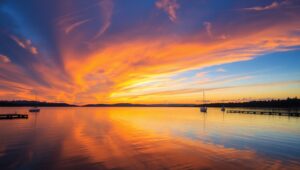 Tranquil Sunset Over a Serene Lake – free AI stock image