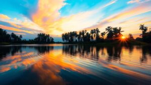 Tranquil Sunset Over Calm Lake – free AI stock image