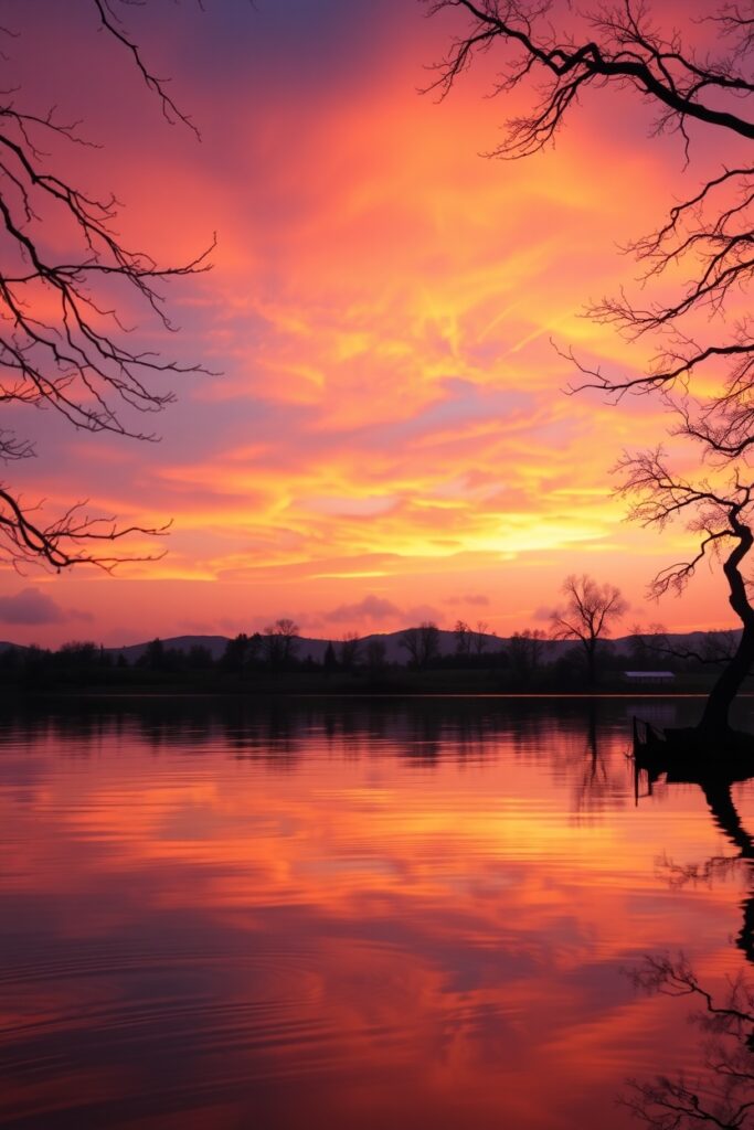 Tranquil Sunset Over Calm Lake Mirrors – free AI stock image