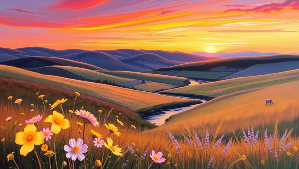 Tranquil Sunset Over Hills – free AI stock image