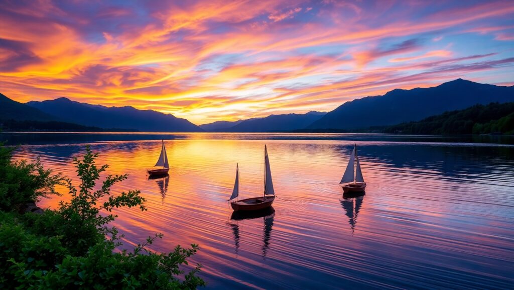 Tranquil Sunset Over Lake – free AI stock image