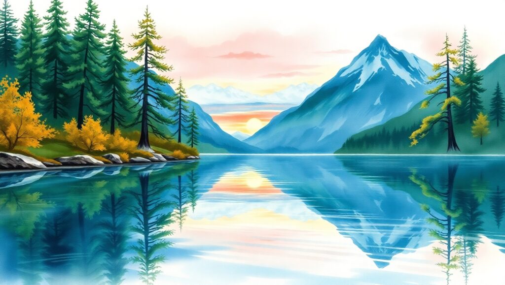 Tranquil Sunset Over Mountain Lake – free AI stock image
