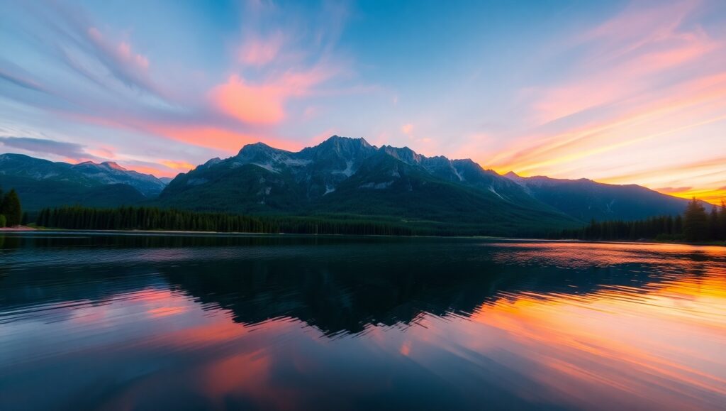 Tranquil Sunset Over Mountain Lake – free AI stock image