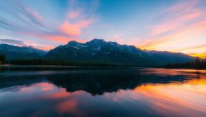 Tranquil Sunset Over Mountain Lake – free AI stock image