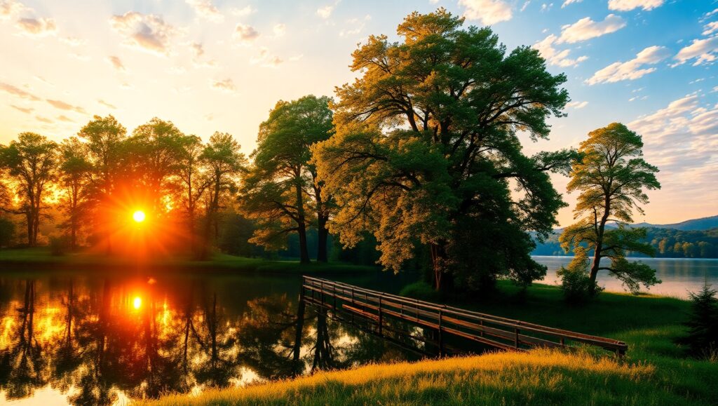 Tranquil Sunset Over Pointillist Lake – free AI stock image